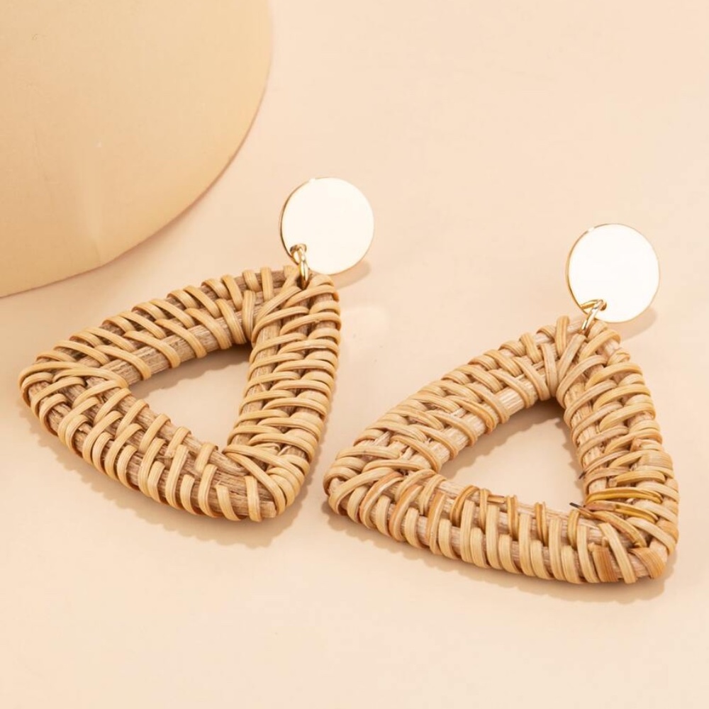 Triangle Straw Rattan Gold Tone Earrings Boho - Picture 4 of 4